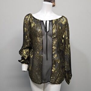Language Silk Peasant Top Medium Black Gold Metallic Sheer Disco Whimsigoth Glam